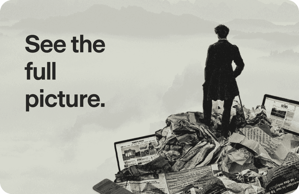 See the full picture — a reader standing on a pile of newspapers